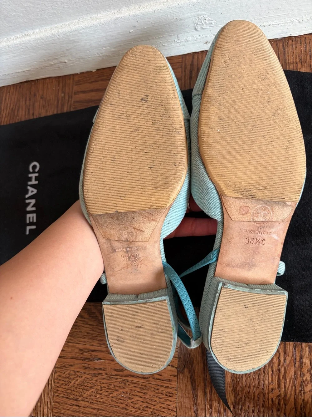 Chanel denim slingback flats mules